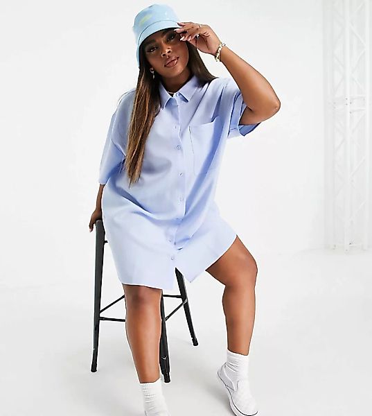 COLLUSION Plus – Kurzärmliges, gestreiftes Mini-Hemdkleid-Blau günstig online kaufen