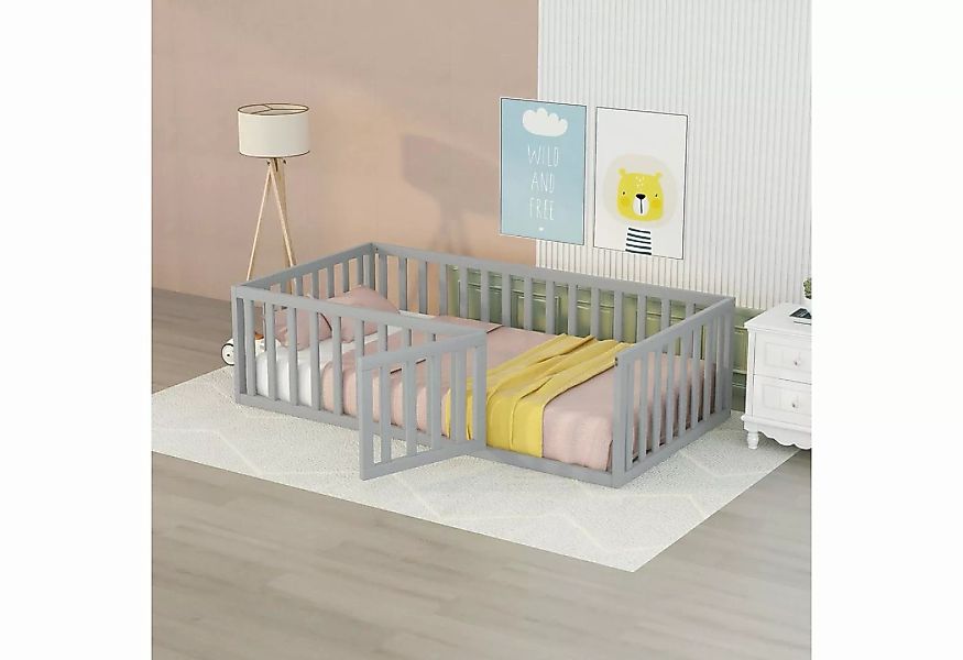 OKWISH Bett Einzelbett Kinderbett Massivholzbett (mit Zaun und Tür), mit 2 günstig online kaufen