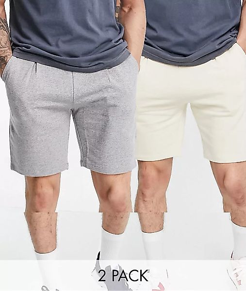 ASOS DESIGN – Jersey-Shorts in Beige/Grau mit Zierfalten im 2er-Pack-Neutra günstig online kaufen