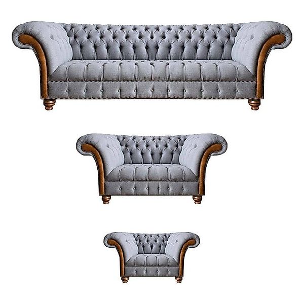 JVmoebel Sofa Chesterfield Hellgraue Polster Sofagarnitur Textil Designer 3 günstig online kaufen