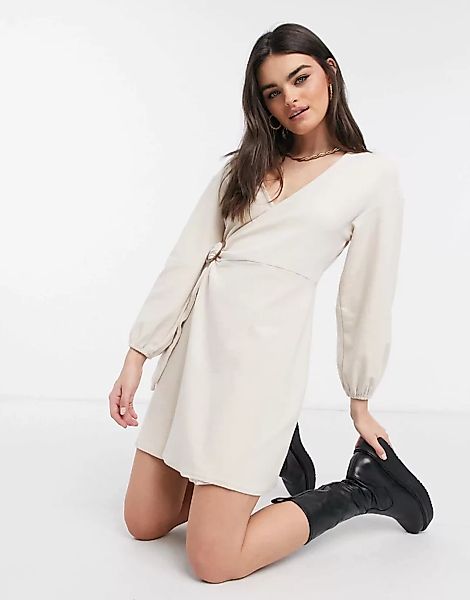 Fashion Union – Kuscheliges Wickel-Minikleid aus gebürstetem Jersey-Neutral günstig online kaufen