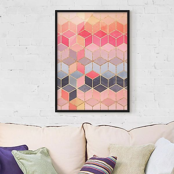 Bild mit Rahmen Abstrakt - Hochformat Buntes Pastell goldene Geometrie günstig online kaufen