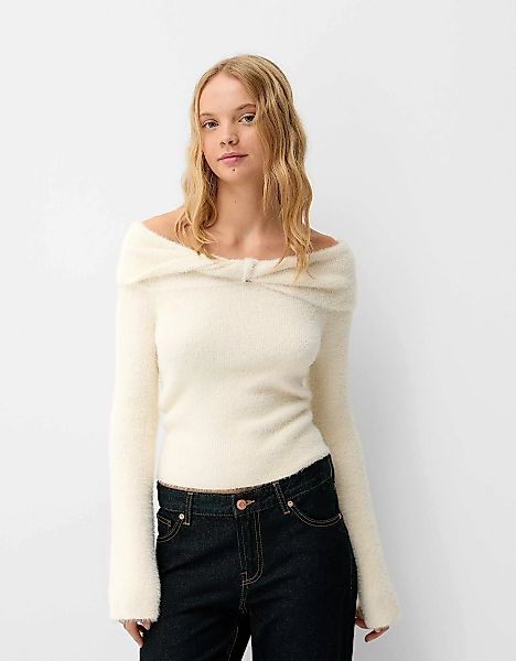 Bershka Bardot-Pullover Kunstfell Damen Xs Rohweiß günstig online kaufen