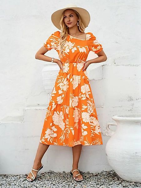 BlauWave A-Linien-Kleid Modisches Kleid mit schrägem Ausschnitt und Blumend günstig online kaufen
