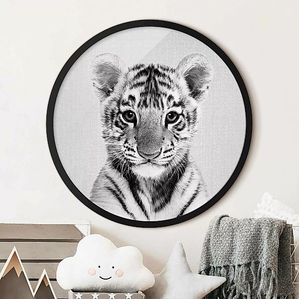 Rundes Gerahmtes Bild Baby Tiger Thor Schwarz Weiß günstig online kaufen