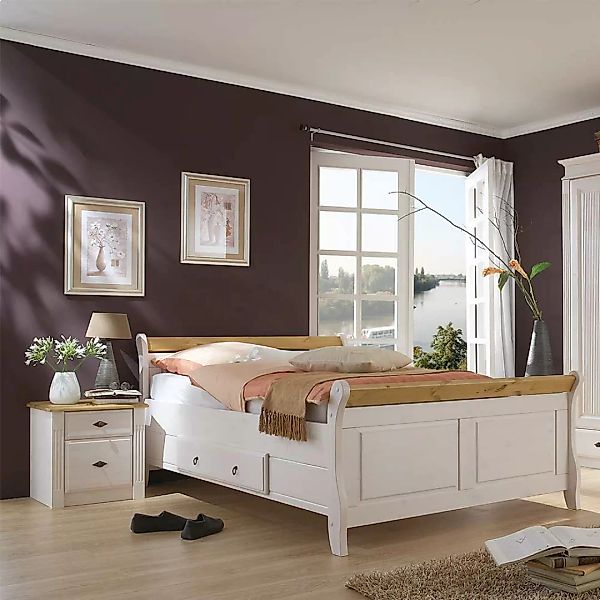 Komfortbett in Weiß Kiefer massiv Nachtkommoden (dreiteilig) günstig online kaufen