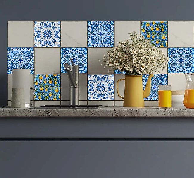queence Fliesenaufkleber "Blaue Ornamente mit Zitronen", (12 St.), selbstkl günstig online kaufen