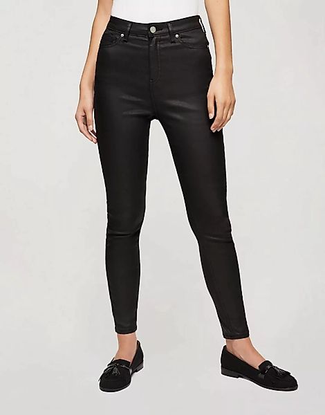 Miss Selfridge – Lizzie – Enge, beschichtete Jeans in Schwarz mit hohem Bun günstig online kaufen