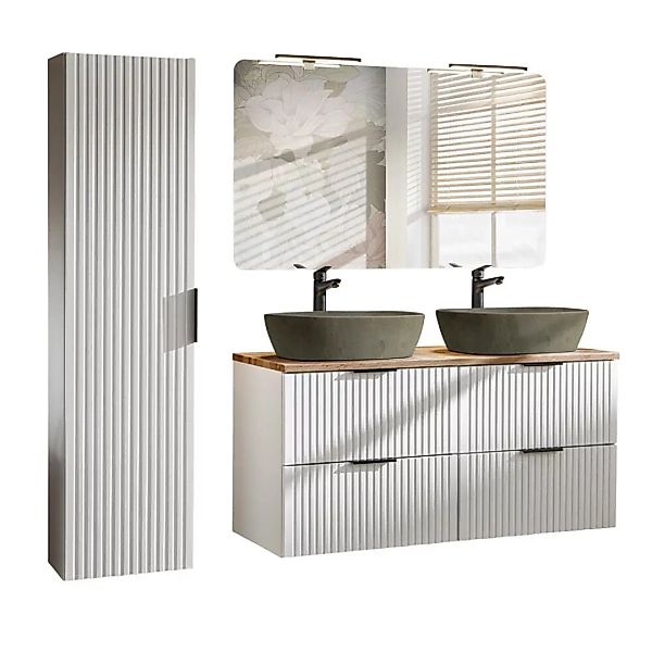 Badmöbel Set matt weiß gerillt ADELAIDE-56-WHITE LED-Spiegel,120 cm Waschti günstig online kaufen