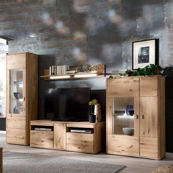 Wohnzimmerwand aus Eiche Massivholz Eiche Bianco (vierteilig) günstig online kaufen