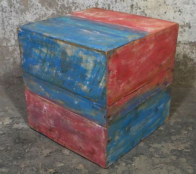 Hocker Beistelltisch Würfel Holz Treibholz Bunt Loft Dunkelblau Rot Shabby günstig online kaufen