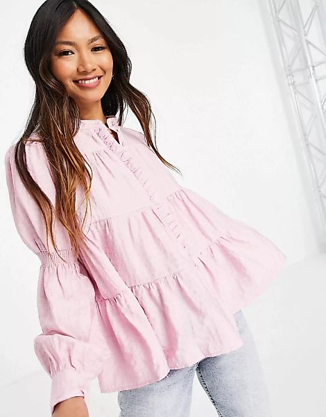 Y.A.S – Gestuftes Hemd mit gerafften Ärmeln und rosa Karomuster günstig online kaufen