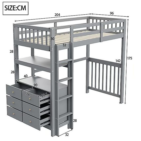 Ulife Hochbett Kinderbett Einzelbett Holzbett Stauraumbett Funktionsbett,90 günstig online kaufen