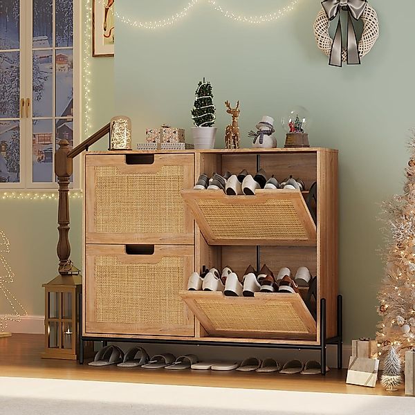 GarveeMore Schuhschrank Rattan mit 4 Klappen,Schmal günstig online kaufen
