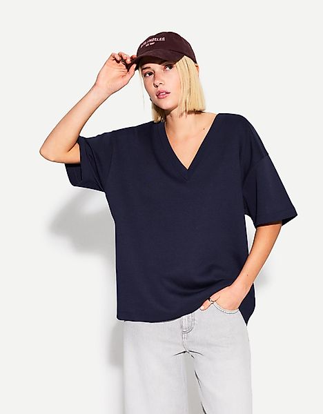 Bershka T-Shirt Mit V-Ausschnitt Heavy Cotton Damen Xs Marinenblau günstig online kaufen