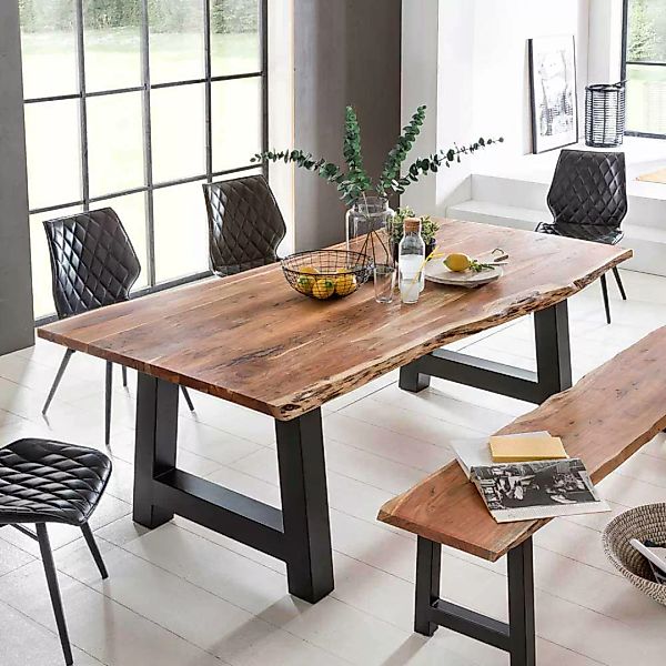 Esszimmertisch mit Baumkante Akazie massiv Schwarz Eisen günstig online kaufen