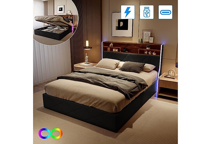 Gdood Polsterbett Stauraumbett Doppelbett LED USB (1 tlg., Hydraulisch hebb günstig online kaufen