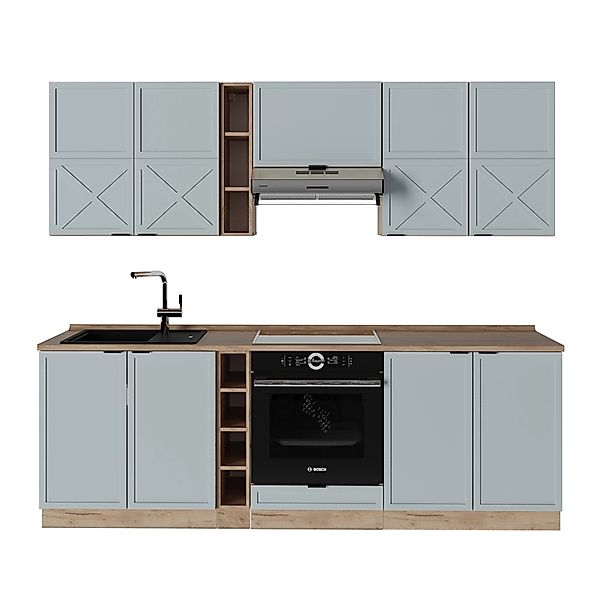 Vicco Fame-Line Küchenzeile Hellblau-grau/Goldkraft Eiche 235 cm AP Eiche günstig online kaufen