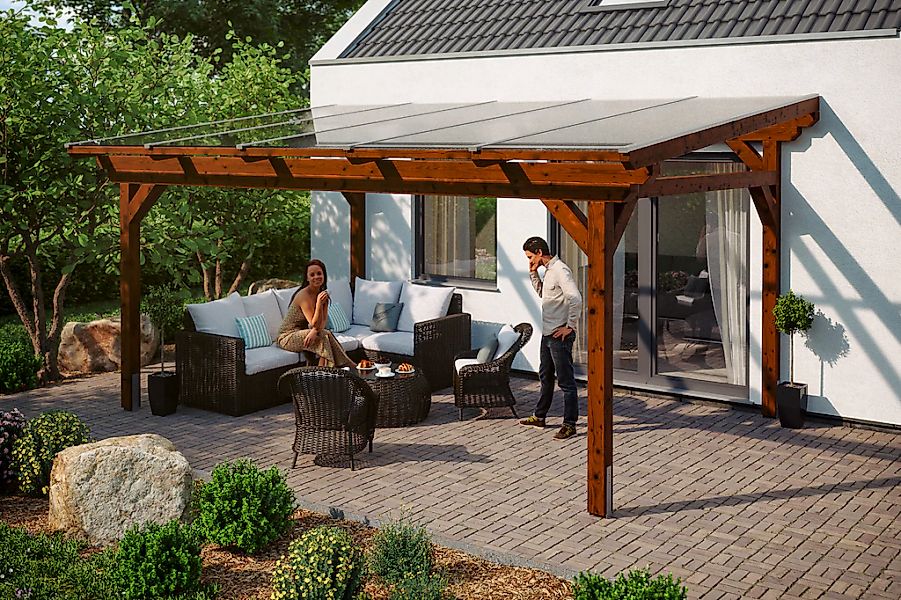 Skan Holz Terrassenüberdachung Sanremo 541 x 350 cm Leimholz Nussbaum günstig online kaufen