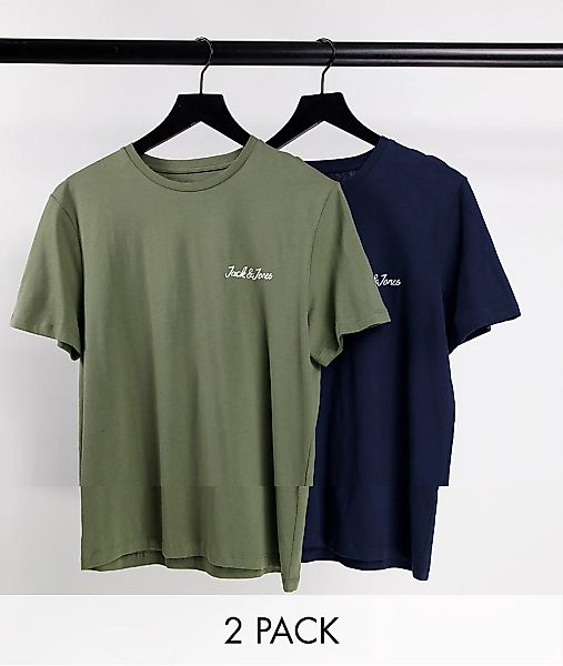 Jack & Jones – Essentials – T-Shirts in Marineblau und Khaki mit Logo-Schri günstig online kaufen