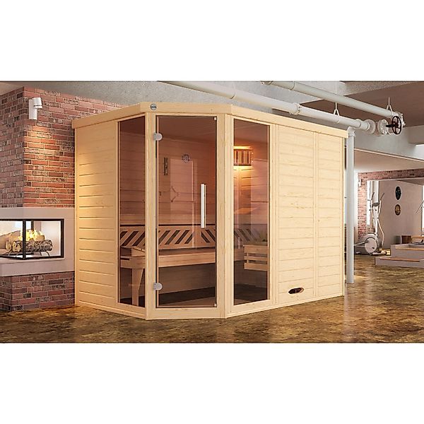 Weka Massivholzelementsauna Kemi Eck 2 Sparset 7,5 kW OS Glastür/Fenster günstig online kaufen