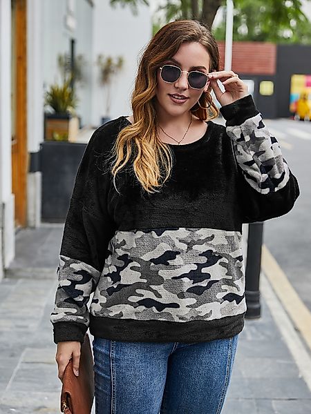 Plus Size Camo Langarm-Sweatshirt mit Rundhalsausschnitt günstig online kaufen