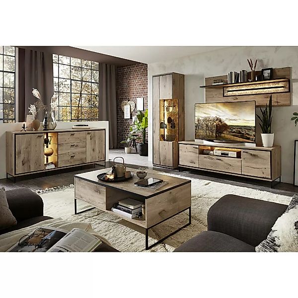 Wohnmöbel Set mit Beleuchtung braun RINGSTED-55 in Eiche 4-teilig günstig online kaufen
