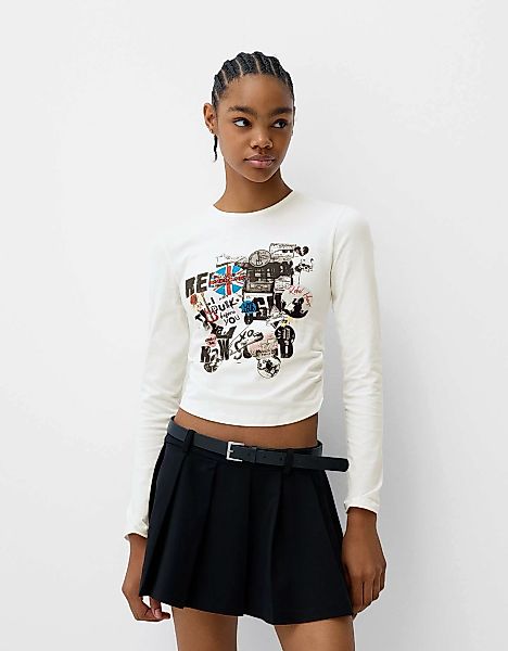 Bershka Langarmshirt Mit Print Damen M Grbrochenes Weiss günstig online kaufen