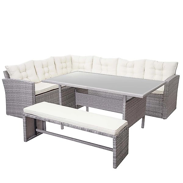MCW Poly-Rattan-Garnitur A29 Hellgrau Kissen Creme mit Bank günstig online kaufen