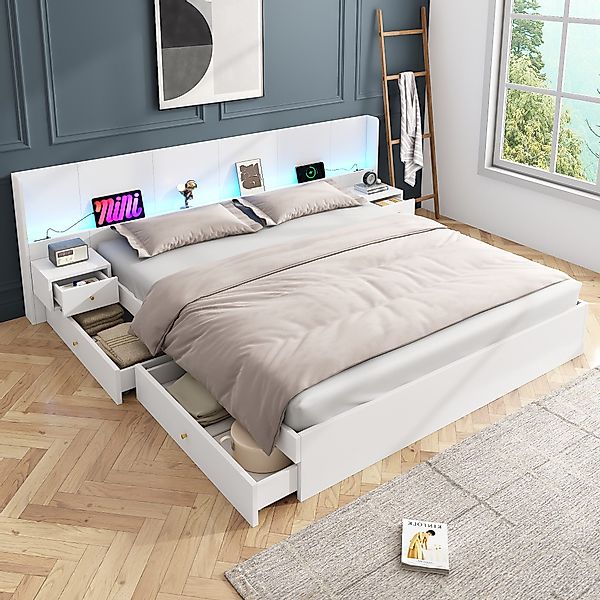 Flieks Holzbett, LED Doppelbett 180x200cm mit günstig online kaufen