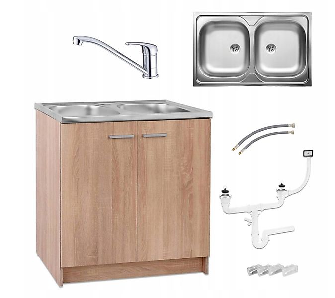 STAMAR Spülenschrank Küchenschrank 80cm Sonoma Spüle 2 Becken Edelstahl Arm günstig online kaufen