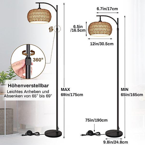 MUPOO Stehlampe LED Stehlampe,Bettlampe Dimmable,Rattan Boho günstig online kaufen
