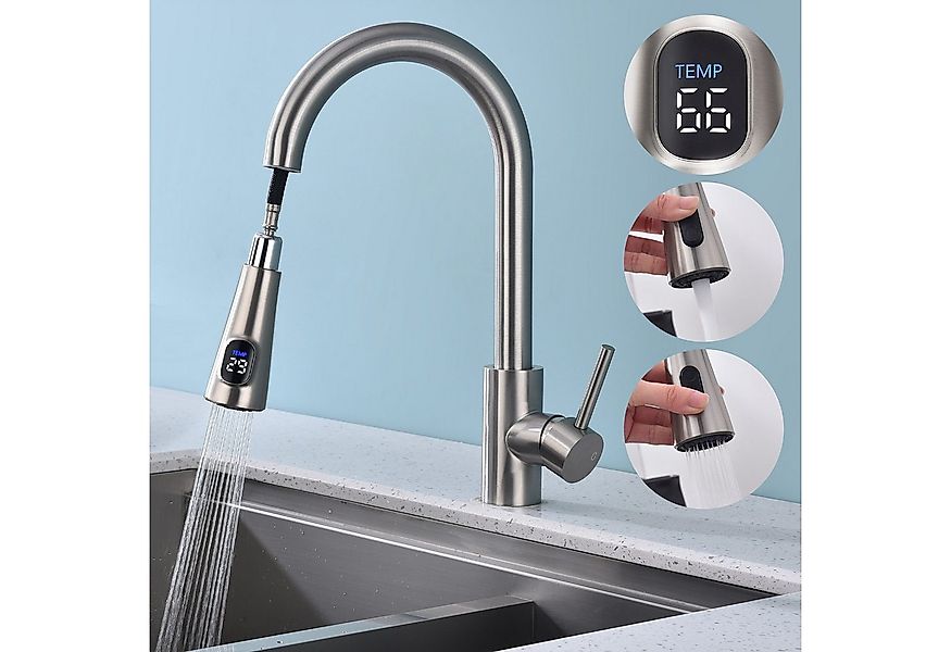 HOMELIVE Spültischarmatur mit brause ausziehbar 360° Küchenarmatur LED Digi günstig online kaufen