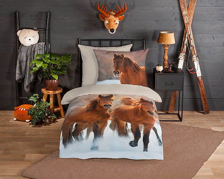 good morning Kinderbettwäsche "Ponies" 2 Stk. tlg. Biber, 135x200, Winter, günstig online kaufen