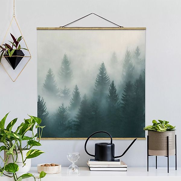Stoffbild Wald mit Posterleisten - Quadrat Nadelwald im Nebel günstig online kaufen