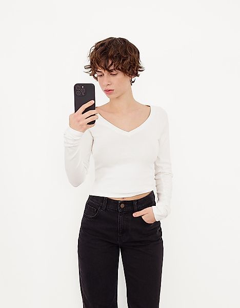 Bershka Langarmshirt Mit V-Ausschnitt Damen S Grbrochenes Weiss günstig online kaufen