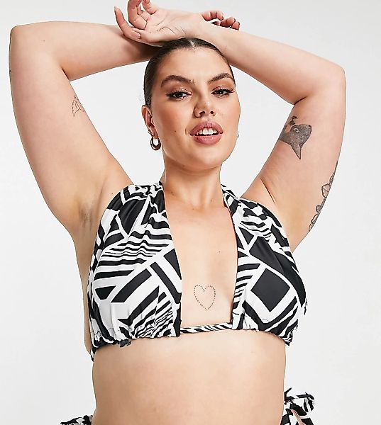 ASOS DESIGN Curve – Vorn gebundenes Neckholder-Bikinioberteil mit Muster in günstig online kaufen