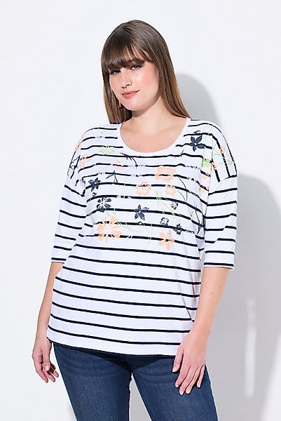 Ulla Popken T-Shirt T-Shirt Ringel Blüten oversized Rundhals Halbarm günstig online kaufen