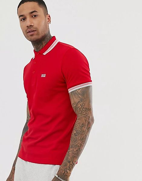 BOSS – Athleisure Paddy – Rotes Polohemd mit Zierstreifen günstig online kaufen