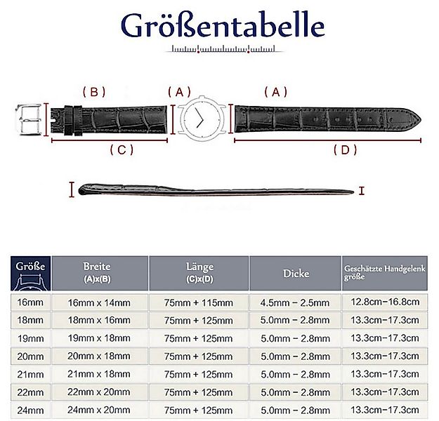 Sunicol Uhrenarmband Watch Strap,Genuine Leather, 16 - 24mm,Stainless Steel günstig online kaufen