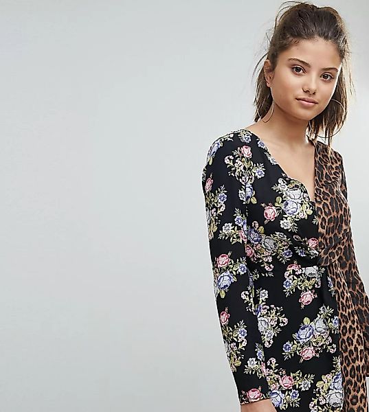 Missguided – Minikleid mit tiefem Ausschnitt, Blumen- und Leopardenfellmust günstig online kaufen