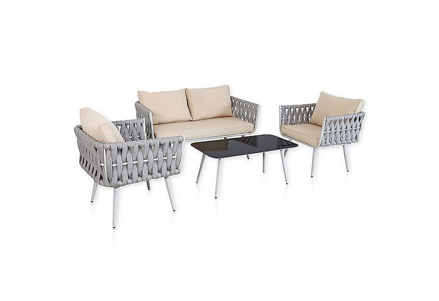 Lycce Loungeset Gartenmöbel-Set WEAVE: 2 Sessel, 1 Sofa, 1 Tisch mit Glaspl günstig online kaufen