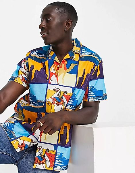 ASOS DESIGN – Locker geschnittenes Hemd in Leinenoptik mit Print-Mehrfarbig günstig online kaufen