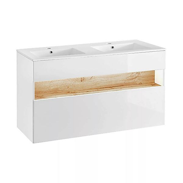 Badezimmer Doppel Waschtisch Set mit Keramikbecken BERMUDA-56 in weiß-Hochg günstig online kaufen