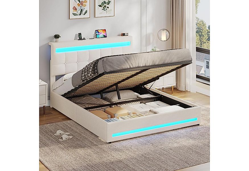 MSMASK Polsterbett Jugendbett mit LED Beleuchtung und Ladestation, Hydrauli günstig online kaufen