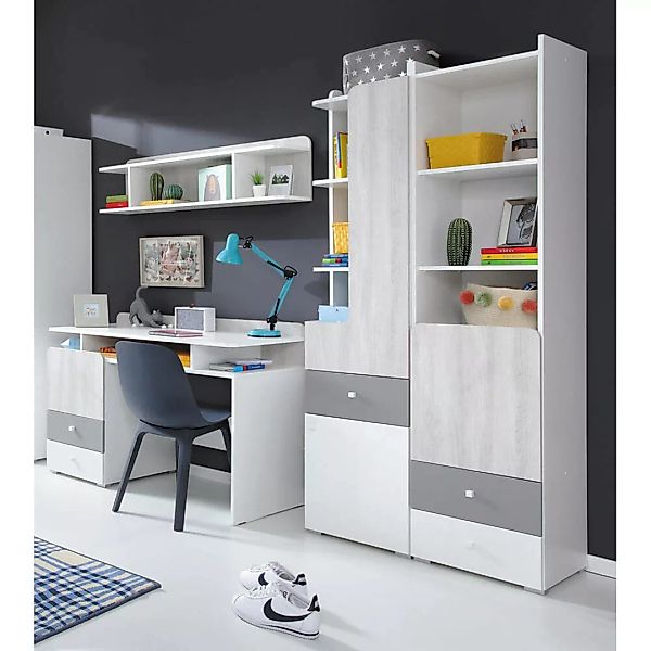 Jugendzimmer Set mit Schreibtisch weiß, Eiche hell, grau COLLINS-133, 4-tei günstig online kaufen