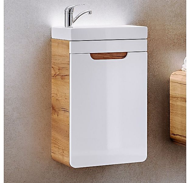 Lomadox Waschtisch LUTON-56, Gästebad Handwaschplatz Eiche mit weiß Hochgla günstig online kaufen