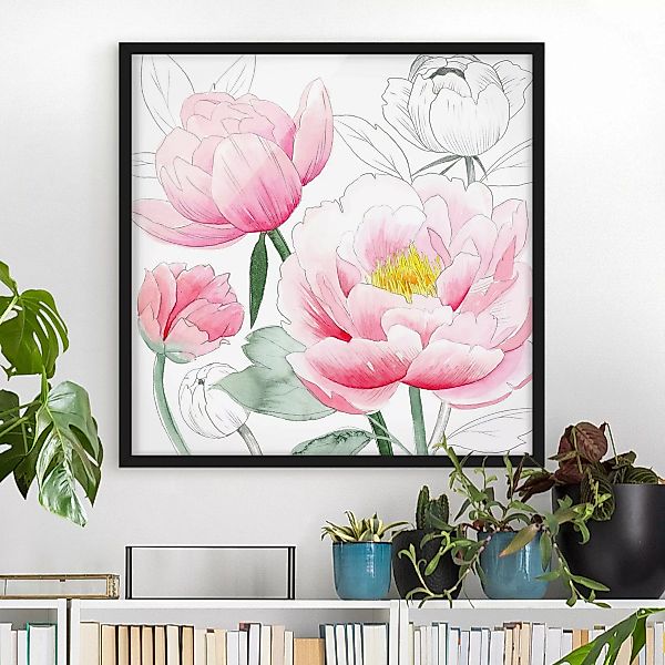 Bild mit Rahmen Blumen - Quadrat Zeichnung Rosa Päonien I günstig online kaufen