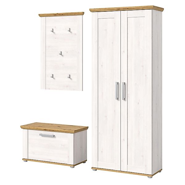 Inn.Furn Garderoben-Set 3-teilig Weiß Lärche 175 cm Landhaus-Stil Mirano günstig online kaufen