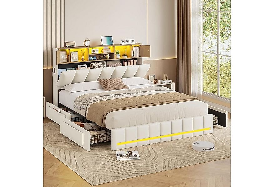KIMENICH Polsterbett Bettgestell mit LED-Beleuchtung, 4 Schubladen, Ladesta günstig online kaufen